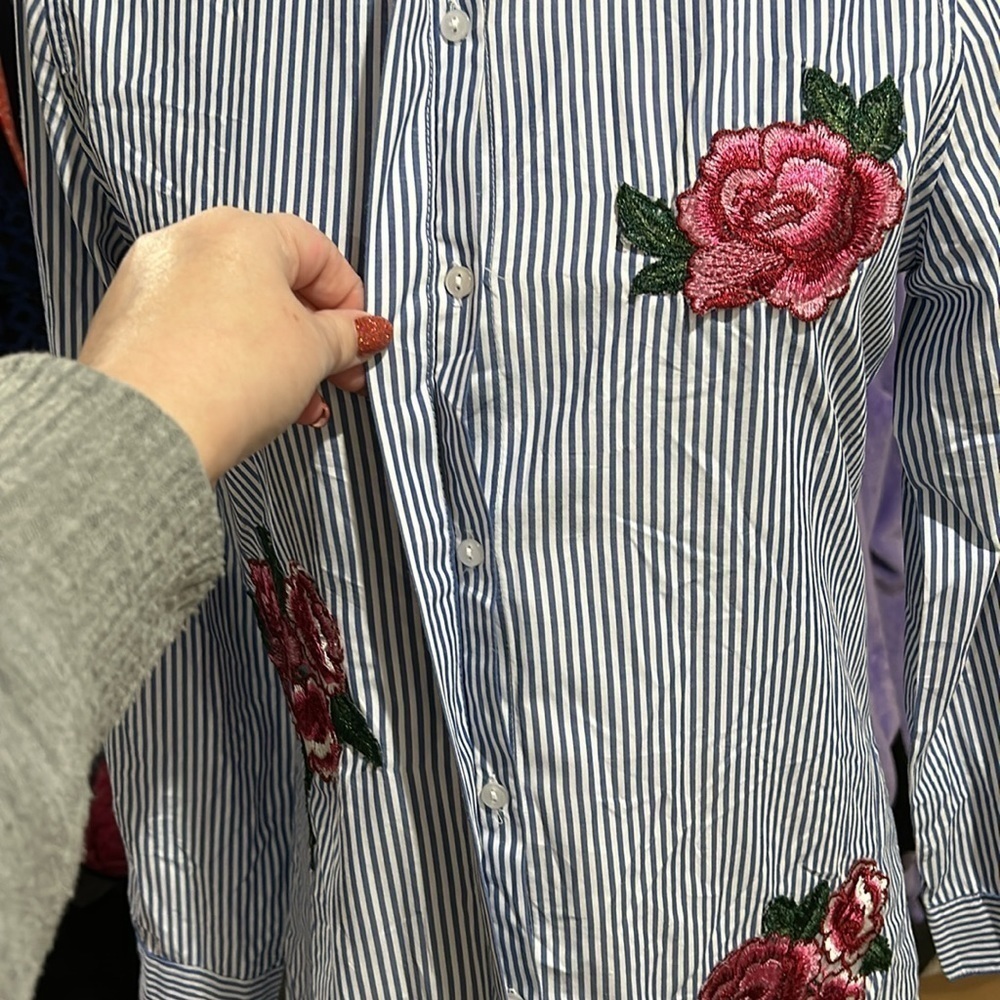 Striped Embroidered Button-down Blouse Tunic Dresa - Picture 7 of 10